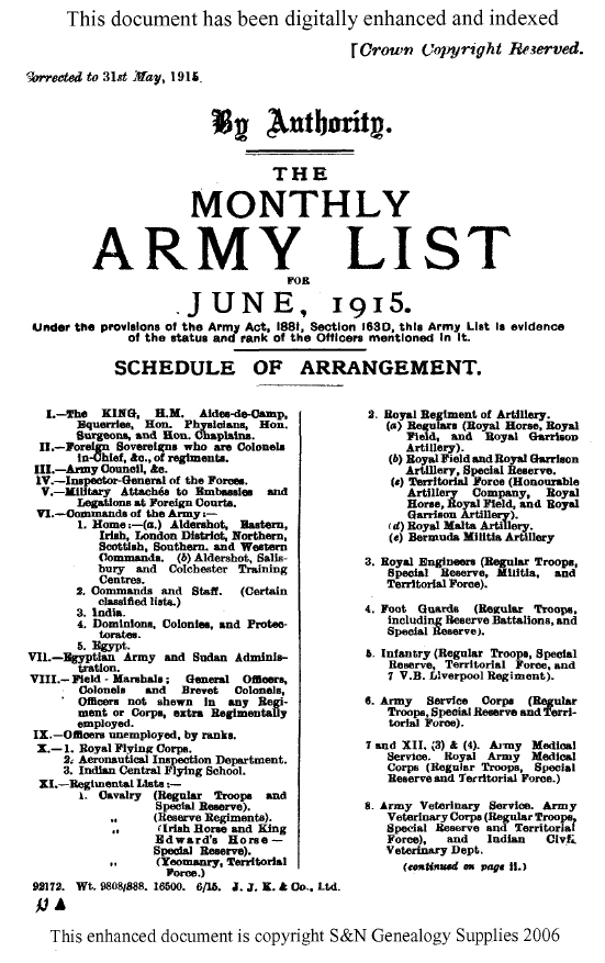 Example Page from the 1915 Army List